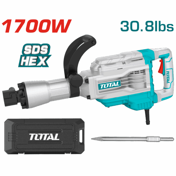 DEMOLEDOR SDS HEX 1700W 45JOULES INCLUYE UN CINCEL CAJA PLASTICA INDUSTRIAL TOTAL (UTH217458)