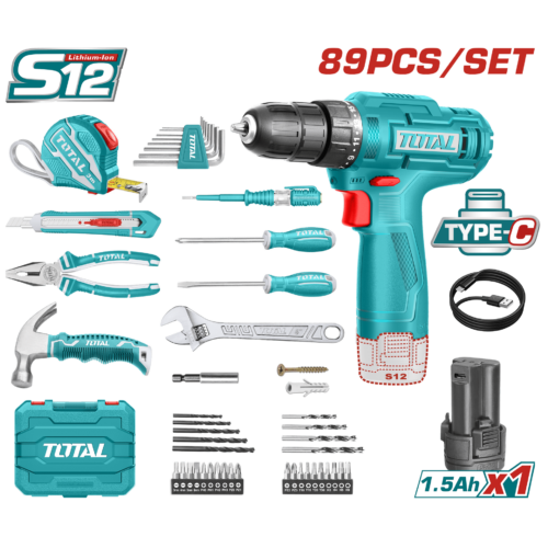 TALADRO INALAMBRICO 3/8 (10MM) + KIT DE HERRAMIENTAS 89 PZS TOTAL (THKTHP10892)