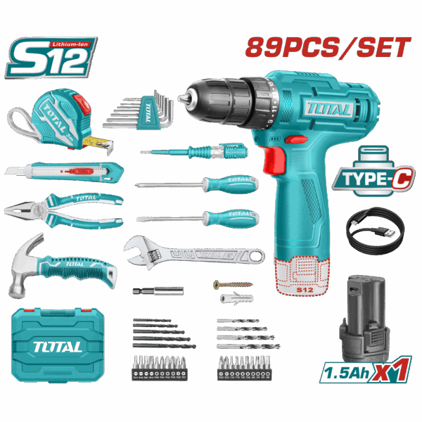 TALADRO INALAMBRICO 3/8 (10MM) + KIT DE HERRAMIENTAS 89 PZS TOTAL (THKTHP10892)