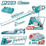 CORTASETOS INALAMBRICO 40V INCLUYE 2 BATERIA DE 2Ah Y 1 CARGADOR CAJA PLASTICA INDUSTRIAL TOTAL (UTHTLI400282)