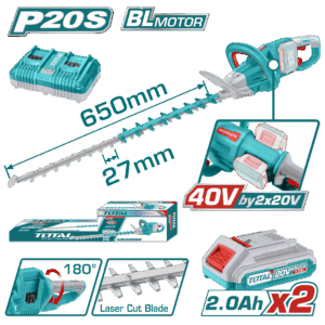 CORTASETOS INALAMBRICO 40V INCLUYE 2 BATERIA DE 2Ah Y 1 CARGADOR CAJA PLASTICA INDUSTRIAL TOTAL (UTHTLI400282)