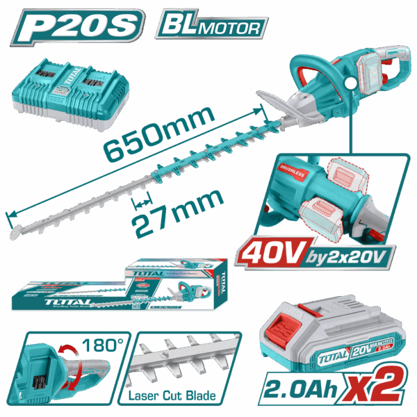 CORTASETOS INALAMBRICO 40V INCLUYE 2 BATERIA DE 2Ah Y 1 CARGADOR CAJA PLASTICA INDUSTRIAL TOTAL (UTHTLI400282)