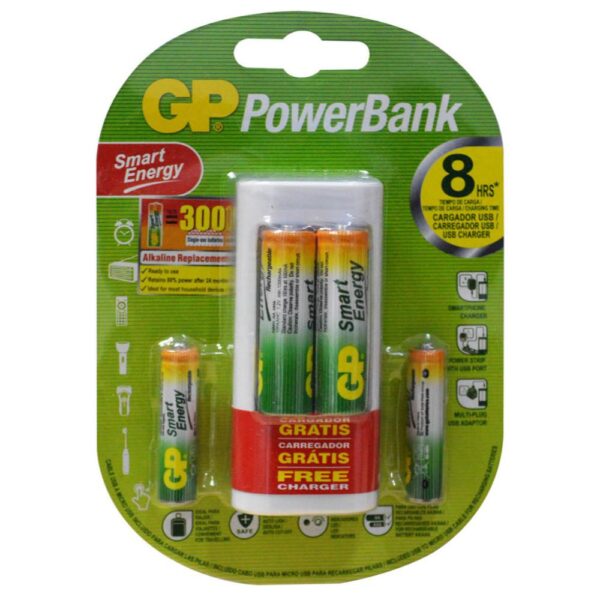 CARGADOR PILA GP USB CON 4 PILAS E211(2 PILAS AA 1000MAH - 2 PILAS AAA 650MAH)(GPPBE211US100/65-C2)