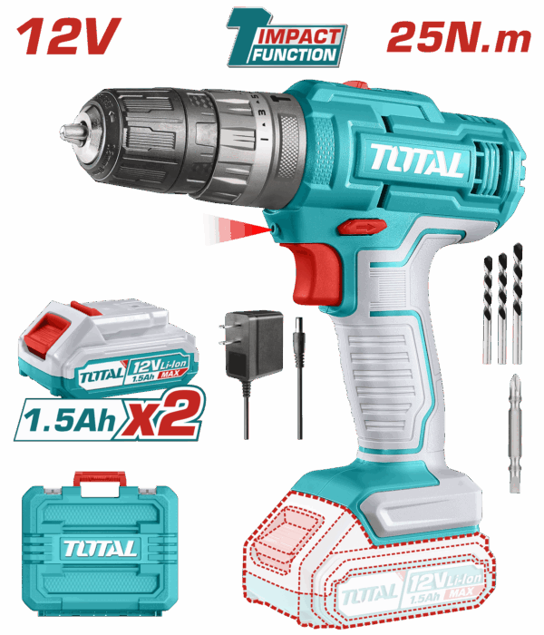 TALADRO DE IMPACTO INALAMBRICO 3/8" 12V INCLUYE 2 BATERIAS, 1 CARGADOR, 3 BROCAS Y  1 PUNTA TALADRO (+)(-) SUPER TOTAL (UTIDLI1228)
