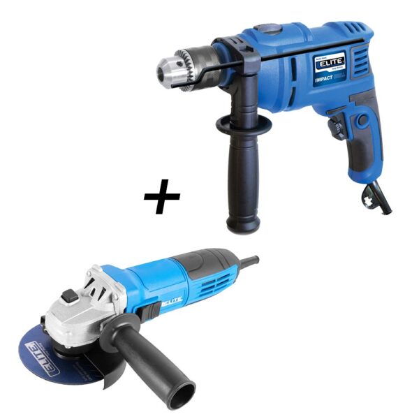 COMBO ELITE (HSM1123010) TALADRO ELITE PERCUTOR 1/2 600W (ID600) + PULIDORA 41/2 800W 11RPM T-PROFESIONAL ESTUCHE PLASTICO (AG1142KIT)
