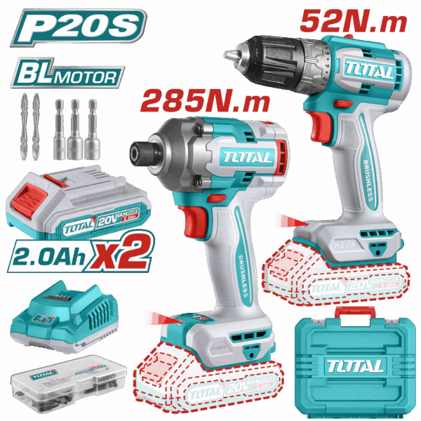COMBO INALAMBRICO TALADRO 3/8" 52 N.M + ATORNILLADOR DE IMPACTO 1/4" 20V 285 N.M INCLUYE 2 BATERIA, 1 CARGADOR Y ACCESORIOS INDUSTRIAL SUPER TOT