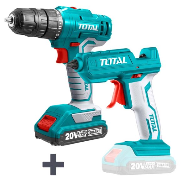 COMBO TOTAL TALADRO INALAMBRICO 3/8 20V BATERIA ION LITIO Y CARGADOR INCLUIDO SUPER SELECT (UTDLI20011) + PISTOLA SILICONA INALAMBRICA 20V BATE
