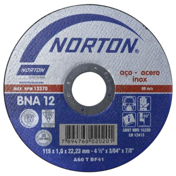 DISCO NORTON CORTE METAL/ACERO INOX 41/2 PLANO BNA12 (41/2X1/16X7/8) (66252843680)