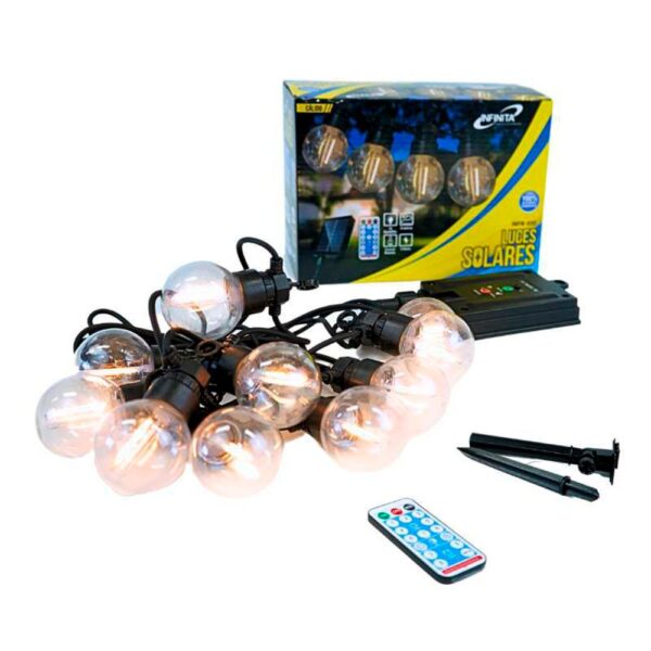 LUZ SOLAR 5M, 10 BOMBILLOS, 5W BOMBILLO PIN PON TRANSPARENTE CALIDO FILAMENTO (INFN-03C)