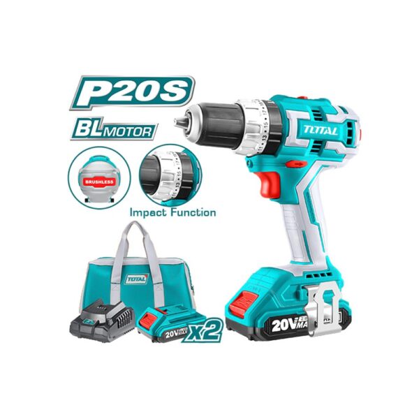 TALADRO PERCUTOR INALAMBRICO 1/2 INDUSTRIAL 20V SIN ESCOBILLAS INCLUYE 2 BATERIAS Y 1 CARGADOR TOTAL (UTIDLI20608)