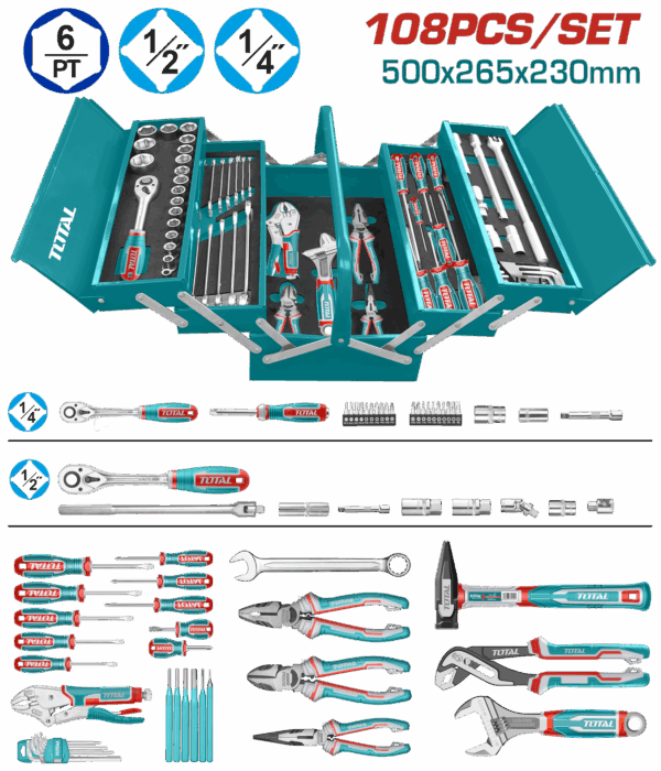 CAJA DE HERRAMIENTAS INCLUYE 108 PZS INDUSTRIAL METALICA TOTAL (THTCS121081)