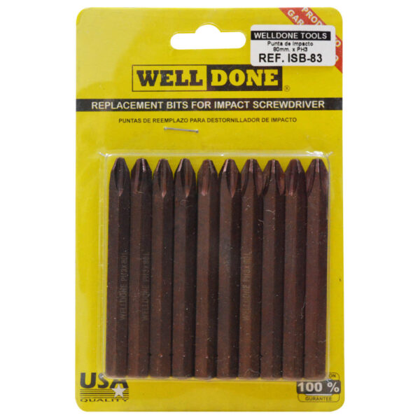 PUNTAS PARA DESTORNILLADOR DE IMPACTO #3 X 80 MM LARGA(ESTRIA) (JUEGO X 10) (ISB-83)