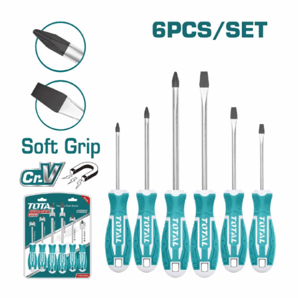 DESTORNILLADOR CROMO VANADIUM JUEGO X 6 PZS PUNTA IMANTADA TOTAL (THT250606) Item: 14867