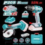 COMBO INALAMBRICO TALADRO 1/32,3/8" 20V 52N.M + MINI PULIDORA 3", INCLUYE 2 BATERIAS 2,0AH, 1 CARGADOR 20V 7 DISCOS Y 47 ACCESORIOS INDUSTRIAL SUPER TOTAL (UTCKLI20278)