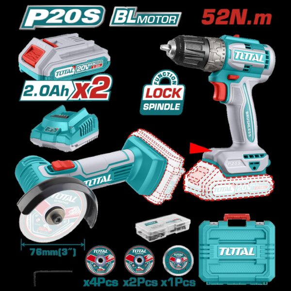 COMBO INALAMBRICO TALADRO 1/32,3/8" 20V 52N.M + MINI PULIDORA 3", INCLUYE 2 BATERIAS 2,0AH, 1 CARGADOR 20V 7 DISCOS Y 47 ACCESORIOS INDUSTRIAL SUPER TOTAL (UTCKLI20278)