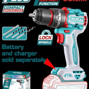 Taladro Percutor Atornillador Inalambrico 1/2 20V 66NM Bateria y Cargador Se Venden por Separado, Incluye 4 Accesorios Industrial Super Total (TIDLI206681)