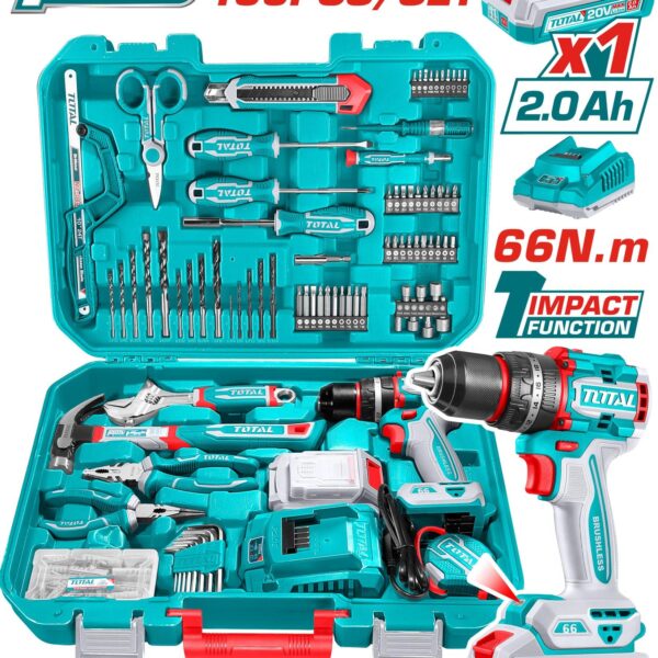 TALADRO INALAMBRICO 1/2 20V 66NM + BATERIA 20V + KIT DE HERRAMIENTAS 165 PZS TOTAL (UTHKTHP11652)