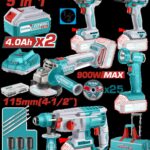 COMBO INALAMBRICO 20V TALADRO 3/8" 52NM + PISTOLA IMPACTO 1/2" 400NM + TALADRO ROTOMARTILLO 2.5 JULES + PULIDORA 4 1/2" + LINTERNA INCLUYE 2 BATERIA 20V(4.0AH) INCLUYE 25 DISCOS DE CORTE Y ACCESORIOS INDUSTRIAL SUPER TOTAL (UTCKLI2058)