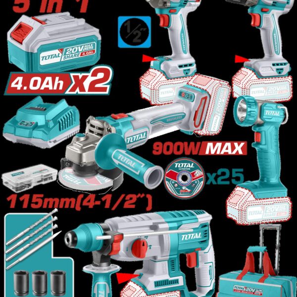COMBO INALAMBRICO 20V TALADRO 3/8"  52NM + PISTOLA DE IMPACTO 1/2" 400NM + TALADRO ROTOMARTILLO 2.5 JULES +  PULIDORA 4 1/2" + LINTERNA  INCLUYE 2 BATERIA 20V(4.0AH) INCLUYE 25 DISCOS DE CORTE Y ACCESORIOS INDUSTRIAL SUPER TOTAL (UTCKLI2058)
