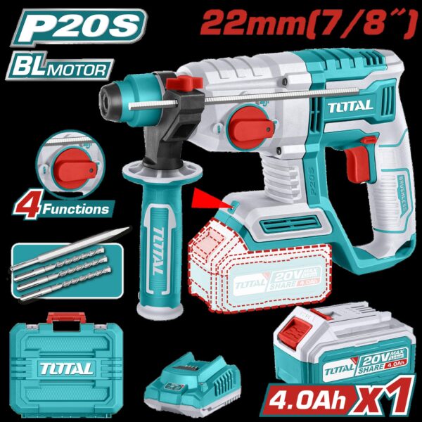 TALADRO ROTOMARTILLO 7/8"  20V SDS PLUS 2.0 JULES INCLUYE 1 BATERIA,1 CARGADOR Y 4 ACCESORIOS INDUSTRIAL  SUPER TOTAL (UTRHLI202081)