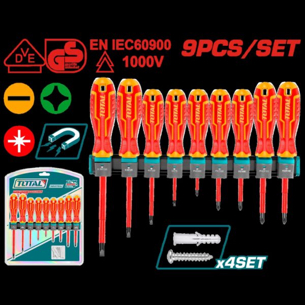 DESTORNILLADOR AISLADO 1000V INDUSTRIAL AMARILLO-ROJO JUEGO X 9 PZS  INDUSTRIAL SUPER TOTAL (THTIS596)