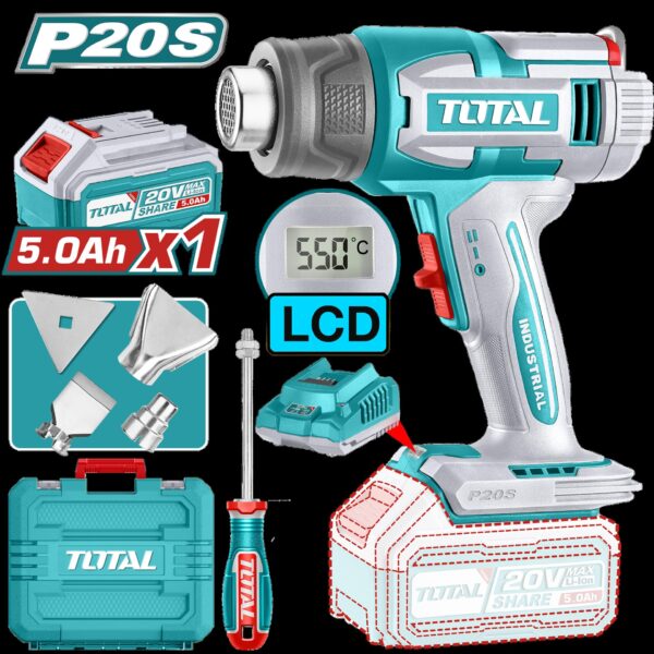 PISTOLA CALOR INALAMBRICA  20V CON TEMPERATURA AJUSTABLE PANTALLA LCD INCLUYE 4 BOQUILLAS 1 BATERIA 5.0AH Y 1 CARGADOR INDUSTRIAL SUPER TOTAL (UTBLI20035)