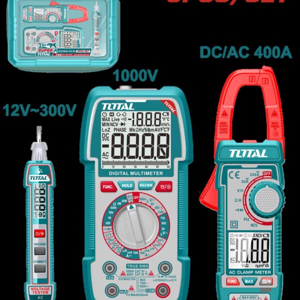 KIT MEDIDOR DE CORRIENTE DIGITAL INCLUYE PROBADOR - TESTER - PINZA SUPER  TOTAL (TOS24067)