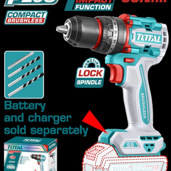 TALADRO INALAMBRICO PERCUTOR  1/2" 20V 55 N.M CARGADOR Y BATERIA NO INCLUIDO SUPER TOTAL (TIDLI205581)