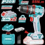 TALADRO INALAMBRICO PERCUTOR 1/2 20V 55NM INCLUYE 2 BATERIA DE 2.0AH, CARGADOR,47 ACCESORIOS,3 BROCAS CONCRETO INDUSTRIAL SUPER TOTAL (UTIDLI20558)