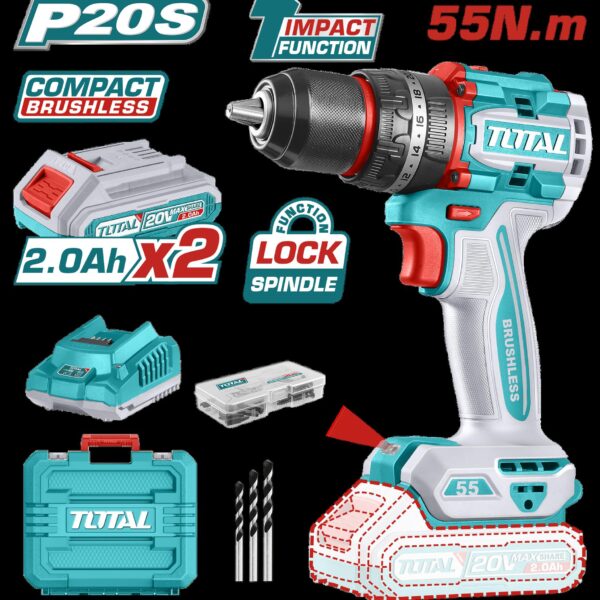 TALADRO INALAMBRICO  PERCUTOR 1/2 20V 55 N.M INCLUYE 2 BATERIA DE 2.0AH, CARGADOR,47 ACCESORIOS,3 BROCAS CONCRETO INDUSTRIAL SUPER TOTAL (UTIDLI20558)
