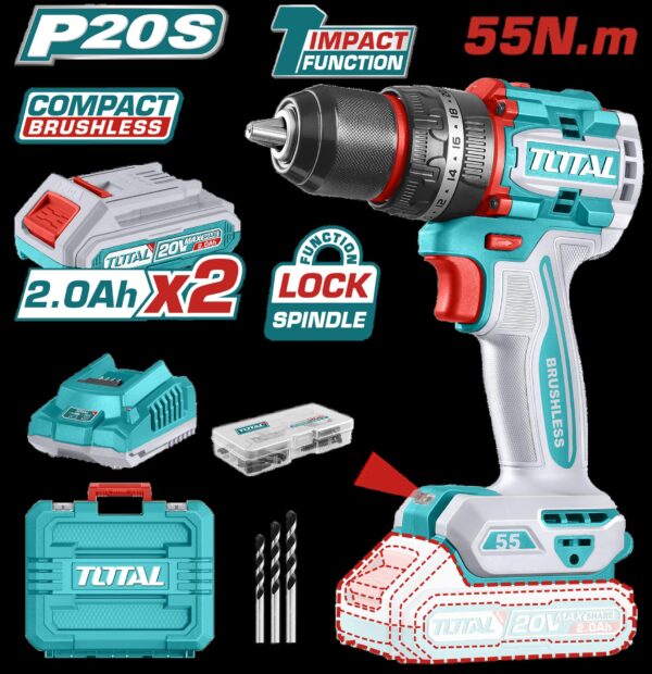 TALADRO INALAMBRICO  PERCUTOR 1/2 20V 55 N.M INCLUYE 2 BATERIA DE 2.0AH, CARGADOR,47 ACCESORIOS,3 BROCAS CONCRETO INDUSTRIAL SUPER TOTAL (UTIDLI20558)