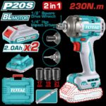 Pistola Impacto Inalambrica 1/2 20V 230 Nm  Incluye 2 Baterias 1 Cargador Copas de 17,19,21 y Punta Destornillador Industrial Super TOTAL(UTIWLI20236A)