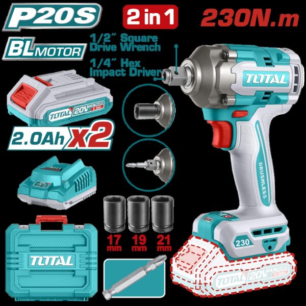 PISTOLA IMPACTO INALAMBRICA 1/2 20V 230 NM  INCLUYE 2 BATERIAS 1 CARGADOR COPAS DE 17,19,21 Y PUNTA DESTORNILLADOR INDUSTRIAL SUPER TOTAL(UTIWLI20236A)
