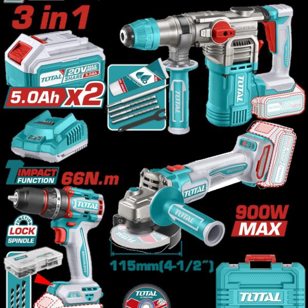 COMBO INALAMBRICO 20V  X 3 PZS TALADRO ATORNILLADOR INALAMBRICO 1/2 66 NM +  PULIDORA INALAMBRICA 4 1/2 + TALADRO ROTOMARTILLO SDS PLUS  4.5 JULES  INLCUYE 2 BATERIAS 5.0AH , 1 CARGADOR , 10 DISCOS DE CORTE Y 47 ACCESORIOS INDUSTRIAL SUPER TOTAL (UTOSLI241183)