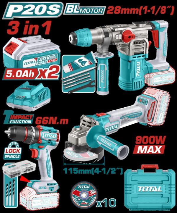 COMBO INALAMBRICO 20V  X 3 PZS TALADRO ATORNILLADOR INALAMBRICO 1/2 66 NM +  PULIDORA INALAMBRICA 4 1/2 + TALADRO ROTOMARTILLO SDS PLUS  4.5 JULES  INLCUYE 2 BATERIAS 5.0AH , 1 CARGADOR , 10 DISCOS DE CORTE Y 47 ACCESORIOS INDUSTRIAL SUPER TOTAL (UTOSLI241183)