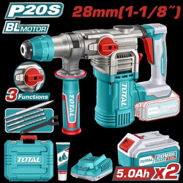 TALADRO ROTOMARTILLO SDS PLUS  4.5 JULES INCLYE  2 BATERIAS 5.0 AH, 1 CARGADOR  Y ACCESORIOS INDUSTRIAL SUPER TOTAL (UTRHLI202885)