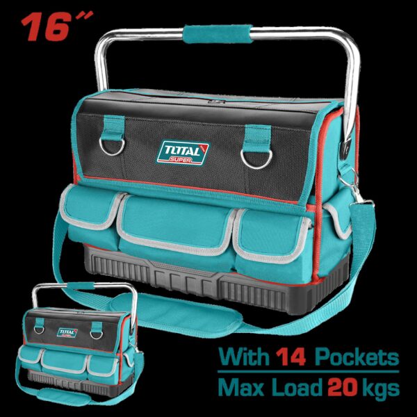 BOLSO DE HERRAMIENTAS 16 REFORZADO CON MANIJA METALICA CAPACIDAD MAXIMA 20KG INDUSTRIAL SUPER TOTAL (THT66L12)