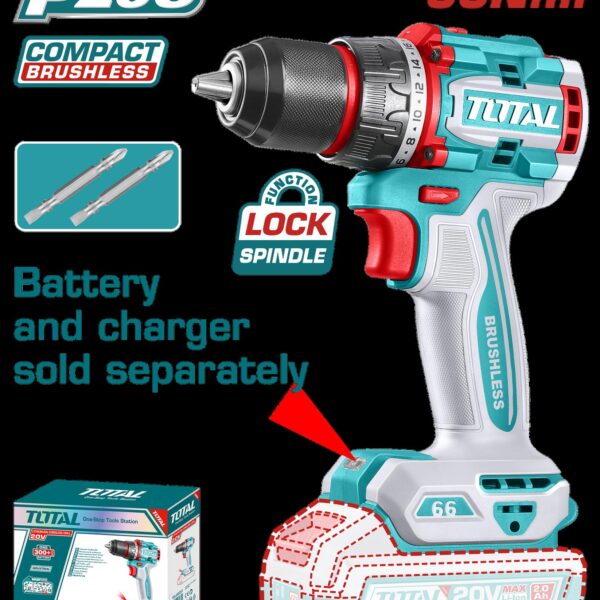 TALADRO INALAMBRICO 1/2 20V 66 N.M INCLUYE 2 PUNTA TALADRO  BATERIA Y CARGADOR SE VENDE POR SEPARADO INDUSTRIAL SUPER TOTAL (TDLI206681)