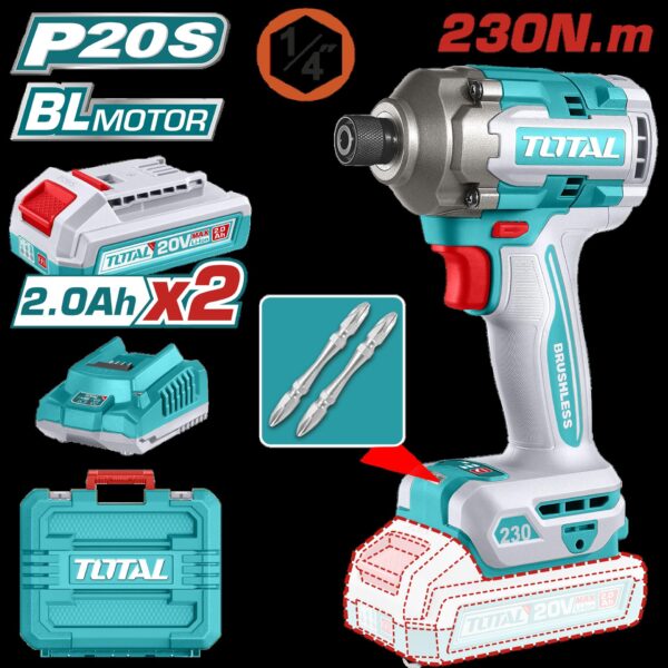 ATORNILLADOR DE IMPACTO INALAMBRICO 1/4 20V 230NM  INCLUYE 2 BATERIAS, 2 PUNTA TALADRO INDUSTRIA  SUPER TOTAL (UTIRLI2023)