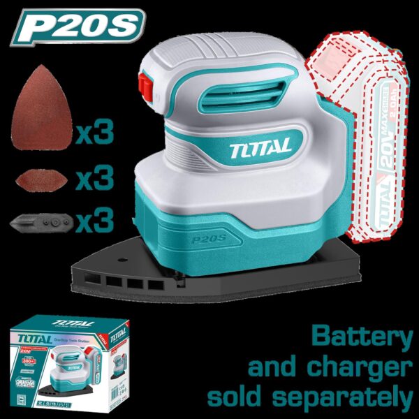 LIJADORA DE PALMA ORBITAL  ROTATIVA   INALAMBRICA 20V 12000 RPM INCLUYE 9 LIJAS INDUSTRIAL  SUPER  TOTAL (TPSLI2014)