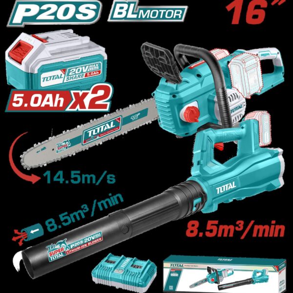 JUEGO DE MOTOSIERRA Y SOPLADORA INALAMBRICA 20V INCLUYE 2 BATERIAS 5,0 AH  Y CARGADOR DOBLE INDUSTRIAL SUPER  TOTAL (UTOSLI240463)