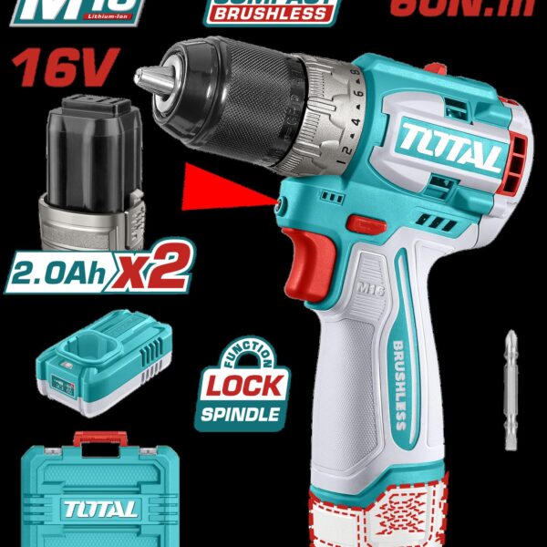 TALADRO INALAMBRICO 1/2 16V 60NM INCLUYE 2 BATERIAS 2,0AH Y CARGODOR  INDUSTRIAL SUPER TOTAL (UTDLI16682)