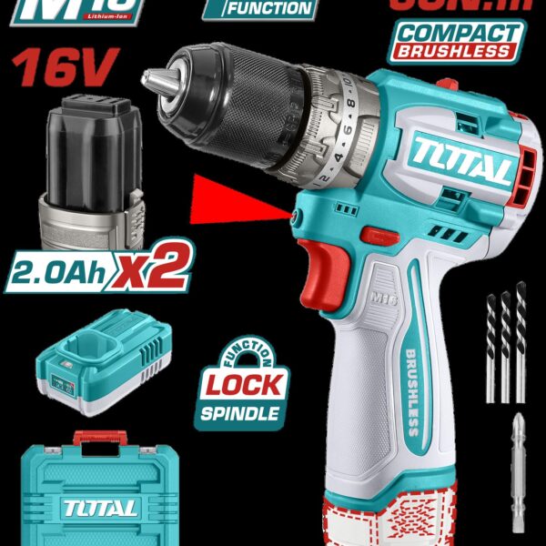TALADRO INALAMBRICO PERCUTOR 1/2 16V 60NM INCLUYE 2 BATERIAS 2,0AH Y CARGODOR  INDUSTRIAL SUPER TOTAL (UTIDLI16682)
