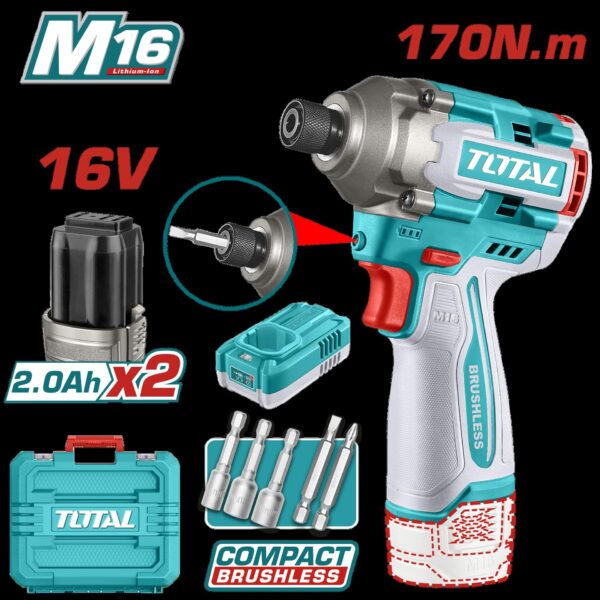 ATORNILLADOR DE IMPACTO INALAMBRICO  16V 170NM  INCLUYE 2 BATERIAS 2.0AH, CARGADOR,  PUNTA TALADRO Y  COPA  INDUSTRIAL SUPER TOTAL (UTIRLI16178)