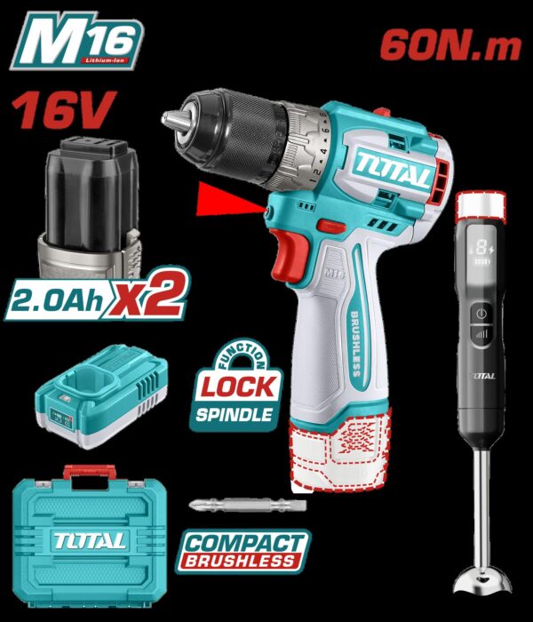 TALADRO INALAMBRICO 1/2 16V 60NM INCLUYE 2 BATERIAS 2,0AH + CARGODOR  + BATIDORA DE MANO INDUSTRIAL SUPER TOTAL (UTCKLI1628)