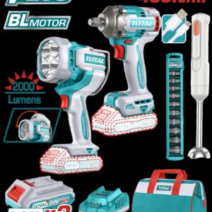 Combo Inalambrico 20V Pistola Impacto Inalambrica 1/2 400 Nm + Lampara de Trabajo Inalambrica 2000 Lumenes + Batidora Recargable Incluye 2 Baterias 2.0 Ah, Cargador y Copas Industrial Super Total (UTOSLI240961)