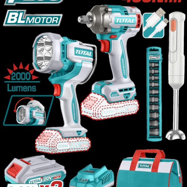 COMBO INALAMBRICO 20V PISTOLA IMPACTO INALAMBRICA 1/2 400 NM + LAMPARA DE TRABAJO INALAMBRICA 2000 LUMENES + BATIDORA RECARGABLE  INCLUYE 2 BATERIAS 2.0 AH, CARGADOR Y COPAS INDUSTRIAL SUPER TOTAL (UTOSLI240961)