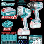 COMBO INALAMBRICO 20V PISTOLA IMPACTO INALAMBRICA 1/2 850NM + LAMPARA DE TRABAJO INALAMBRICA 2000 LUMENES + JUEGO DE COPA ( 10-24MM) INCLUYE 2 BATERIAS 5.0 AH, CARGADOR Y SUPER TOTAL ( UTOSLI241181)