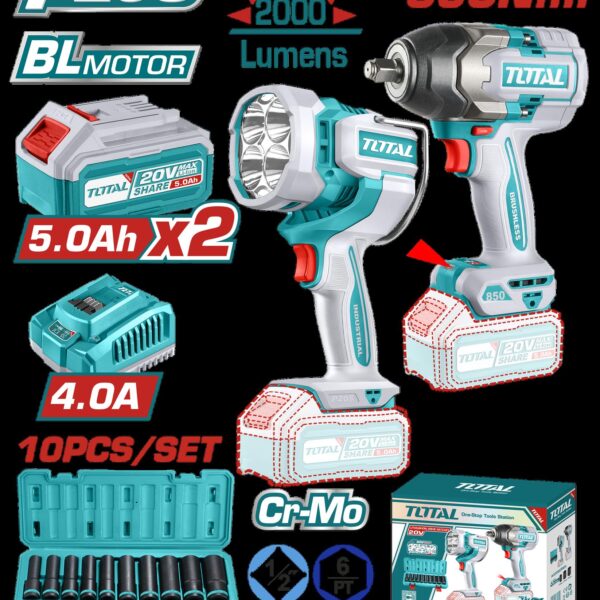 COMBO INALAMBRICO 20V PISTOLA IMPACTO INALAMBRICA 1/2 850 NM + LAMPARA DE TRABAJO INALAMBRICA 2000 LUMENES +  JUEGO DE COPA ( 10-24MM)  INCLUYE 2 BATERIAS 5.0 AH, CARGADOR Y  SUPER TOTAL ( UTOSLI241181)