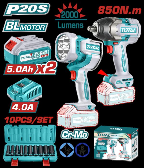 COMBO INALAMBRICO 20V PISTOLA IMPACTO INALAMBRICA 1/2 850 NM + LAMPARA DE TRABAJO INALAMBRICA 2000 LUMENES +  JUEGO DE COPA ( 10-24MM)  INCLUYE 2 BATERIAS 5.0 AH, CARGADOR Y  SUPER TOTAL ( UTOSLI241181)